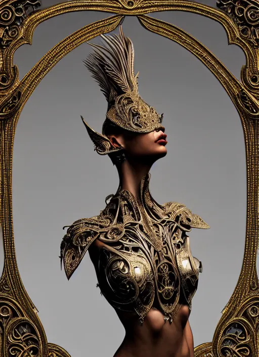 Prompt: a photo of a female in wearable sculpture art, ornate, metal works, intricate details, elegant, highly detailed, digital photography, artstation, glamor pose, concept art, smooth, sharp focus, art by artgerm and greg rutkowski, 3 d character, whole body, full body, film, photorealistic, unreal engine