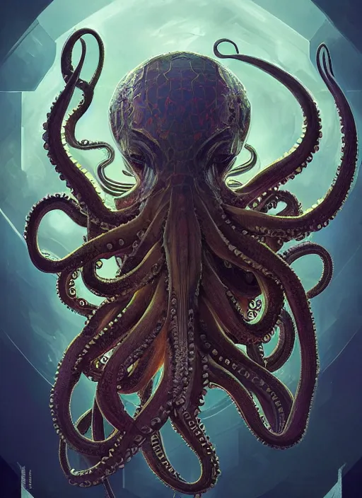 Image similar to symmetry!! portrait of octopus alien in the style of horizon zero dawn, machine face, intricate, elegant, highly detailed, digital painting, artstation, concept art, smooth, sharp focus, illustration, art by artgerm and greg rutkowski and alphonse mucha, 8 k