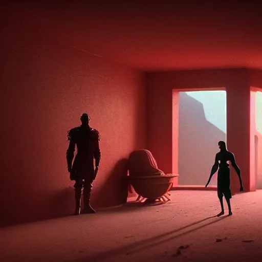 Prompt: colour aesthetic highly detailed photography scene, characters with very highly detailed faces. from dune ( 2 0 2 1 ) by alejandro hodorovski and denis villeneuve and gregory crewdson style with many details by andrei tarkovsky and caravaggio in sci - fi style. volumetric natural light hyperrealism photo on red dsmc 3 system