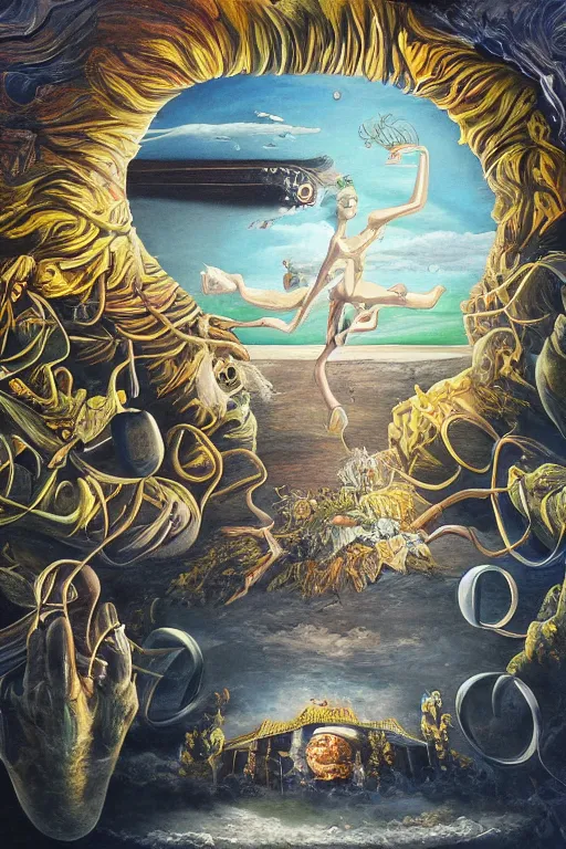 Image similar to surrealist painting full of subtle hints, mystic characters and misleading perspectives, ultrastation hq, 8 l, hyperrealistic, very highly detailed