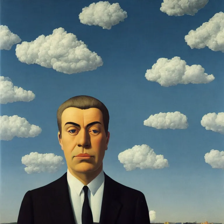 Prompt: portrait of a chrome - faced man in a suit, clouds in the background, by rene magritte, detailed painting, distance, centered, hd, hq, high resolution, high detail, 4 k, 8 k