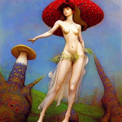 Image similar to masterpiece full body portrait of a fairy woman with a perfect body dancing atop a giant amanita muscaria mushroom cap, by Edgar Maxence and Ross Tran and Michael Whelan and Gustav Klimpt