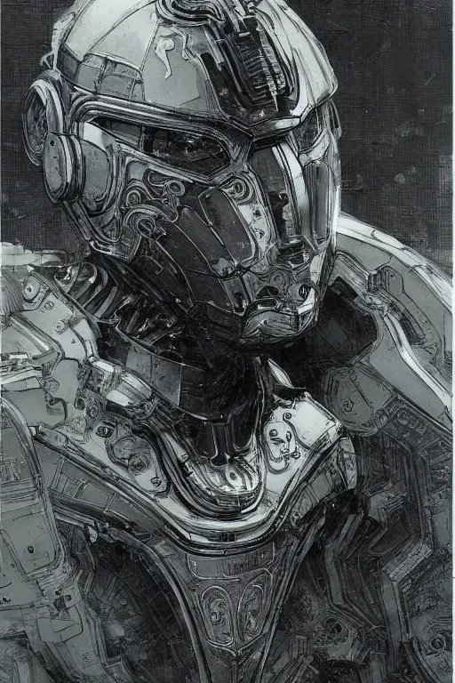 Image similar to portrait of futuristic cybernetic man with cool helmet and mask, pen and ink, intricate line drawings, by craig mullins, ruan jia, kentaro miura, greg rutkowski