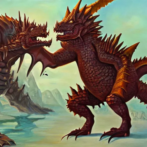 Image similar to dnd dracolich fighting a tarrasque, oil painting