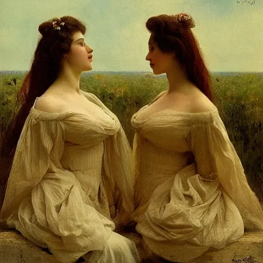 Image similar to Two beautiful women in love, vertical symmetry, photograph, vintage shading, elegance, visually coherent, by Ilya Repin