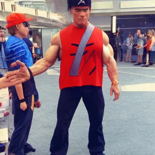 Prompt: Arnold Schwarzenegger dressed up as Ash Ketchum, sceme from the film Pokemon Terminator Trainer