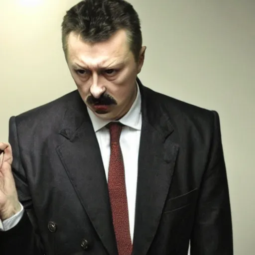 Image similar to Igor Ghirkin Strelkov as The American Psycho doing the Bateman stare, cinematic still