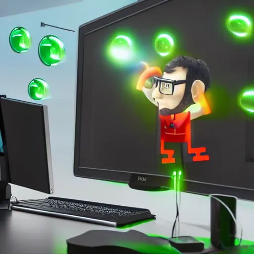 Prompt: nerdy man hacking into gigantic computer, stock footage, rim lighting, global illumination, 4 k, goofy, screen is green