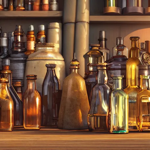 Prompt: A collection of magic bottles on a table of alchemist, a lot of high details, other bookshelves with bottles and alchemy stuff in the background::fantasy, detailed concept art, artstation::8K, 4K, sharp focus, octane render