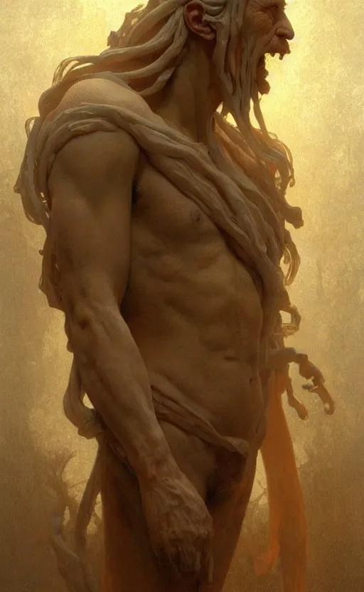 Prompt: an ancient man made of clay, a mythological being that came from the earth, a kabbalistic creation, gigantic, incomprehensible and frightening, trending on artstation, volumetric lighting, atmospheric portrait, highly detailed, art by greg rutkowski and alphonse mucha