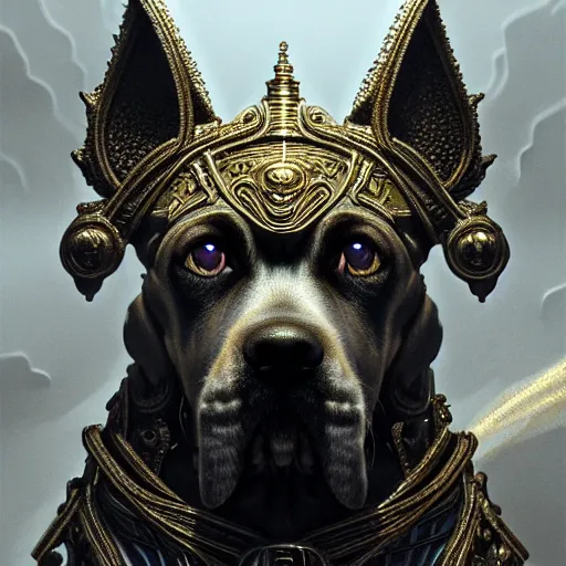 Prompt: dog as a god, very detailed face, detailed features, fantasy, circuitry, explosion, dramatic, intricate, elegant, highly detailed, digital painting, artstation, concept art, smooth, sharp focus, illustration, art by gustave dore, octane render