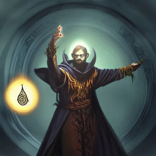 Image similar to a warlock is casting a magic spell, with magic orb floating in his hand , dynamic pose, natural lighting, medium level shot, Mucha style , Grim fantasy, illustration ,concept art,