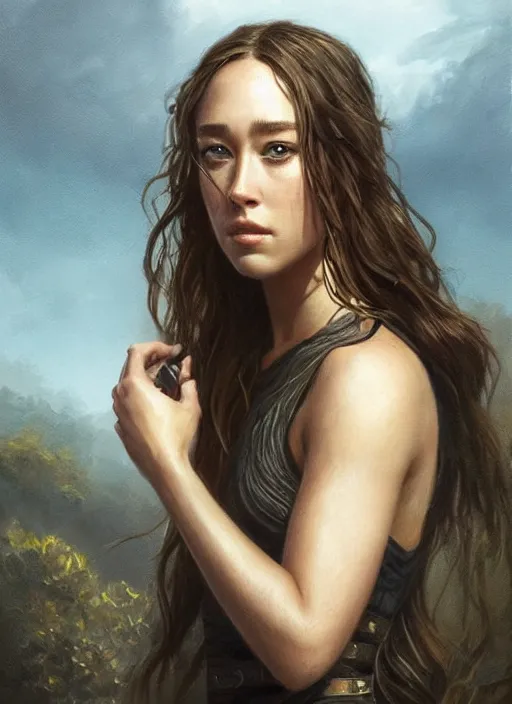 Image similar to alycia debnam - carey, beautiful highly detailed face, complementary lighting, backlit, black eyeshadow, grinning, adventure, dramatic lighting, landscape background, beautiful painting by artgerm and greg rutkowski and raymond swanland