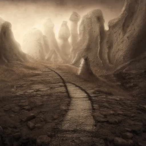 Image similar to a long winding pathway with no terrain on either side, cliffs with no bottom, creepy, gloomy, nightmare, dark rocks, dusty, sepia tones, with a mysterious dark castle at the of the path, digital art, 8 k, concept art, trending on artstation