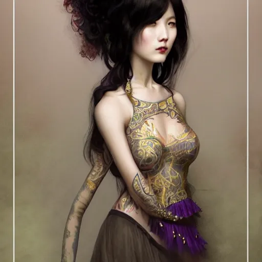 Image similar to photorealistic soft paint of absurdities and curiosities, very beautiful dollpunk asian female full long dress, ultra deep fog, purple black lustrous thin haircut, partial symmetry accurate features, focus, very intricate ultrafine details, award winning masterpiece, tom bagshaw ross tran