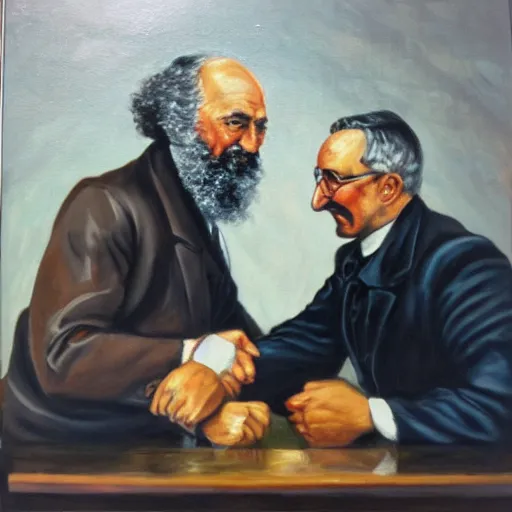 Image similar to oil painting of karl marx and friedrich hayek arm wrestling