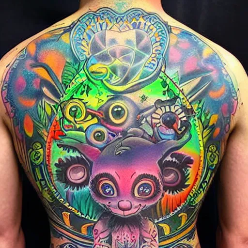 Image similar to shoulder back tattoo of a multicolored hallucinogenic cute bush baby dj with 2 recordplayers, eyes are colorful spirals, surrounded with colorful magic mushrooms and rainbowcolored marihuana leaves, insanely integrate