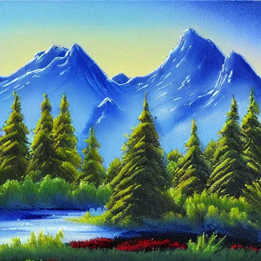 Image similar to Bob-Ross-Style-Landscape-Painting of a huge mountain and pine trees