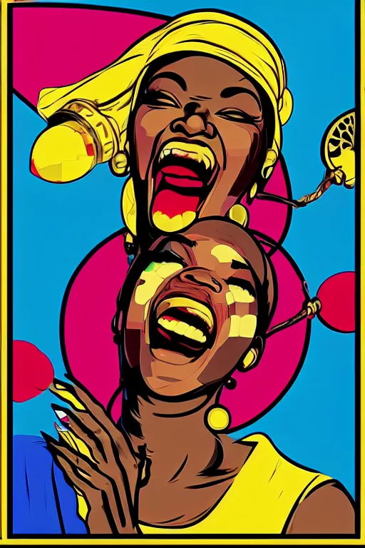 Image similar to mama africa laugh at her child!!! pop art, pixel, bioshock, gta chinatown, artgerm, richard hamilton, mimmo rottela, julian opie, aya takano, avoid object duplicate!!! avoid object stick to each other!!!