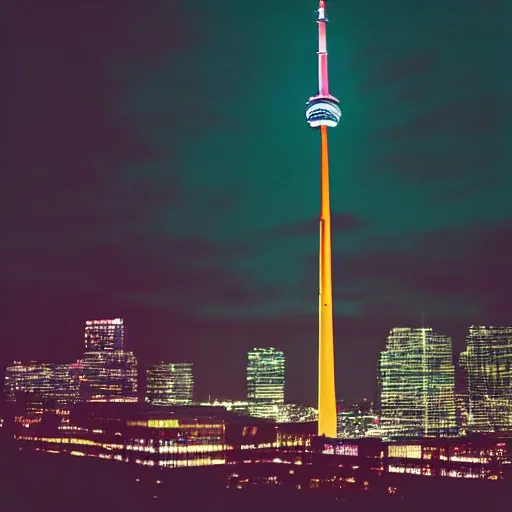 Image similar to photo of CN tower at night, neon lights, cinestill, 800t, 35mm, full-HD