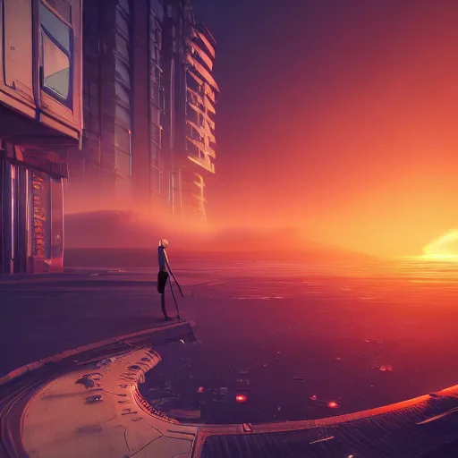 Image similar to alone person tempted by the desperate call of the void, futuristic cityscape, wide shot unreal 5 render, studio ghibli, vivid colors, beautiful sunset, digital art, octane render, beautiful composition, trending on artstation, award winning photograph, masterpiece