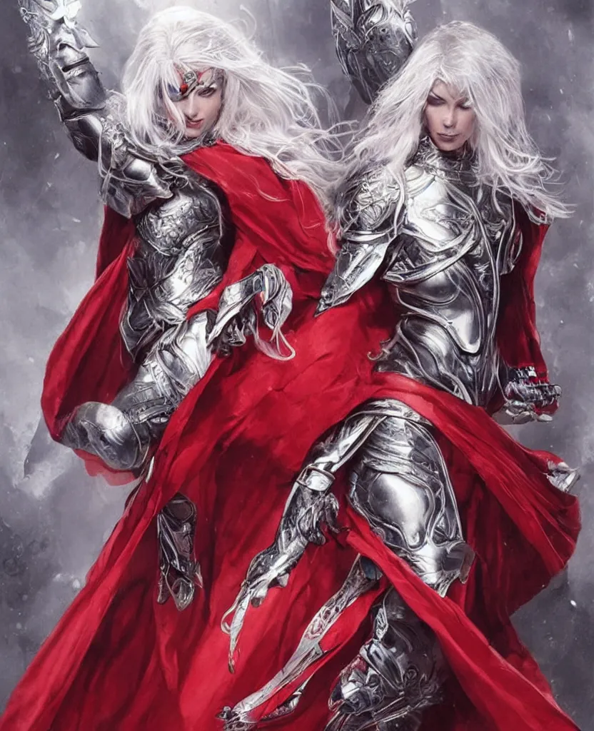 Image similar to a woman with silver hair, mystical symbols tattooed on her face, dressed in a flowing red cape and a futuristic armour, character design, highly detailed, by gabriele dell'otto and greg rutkowski