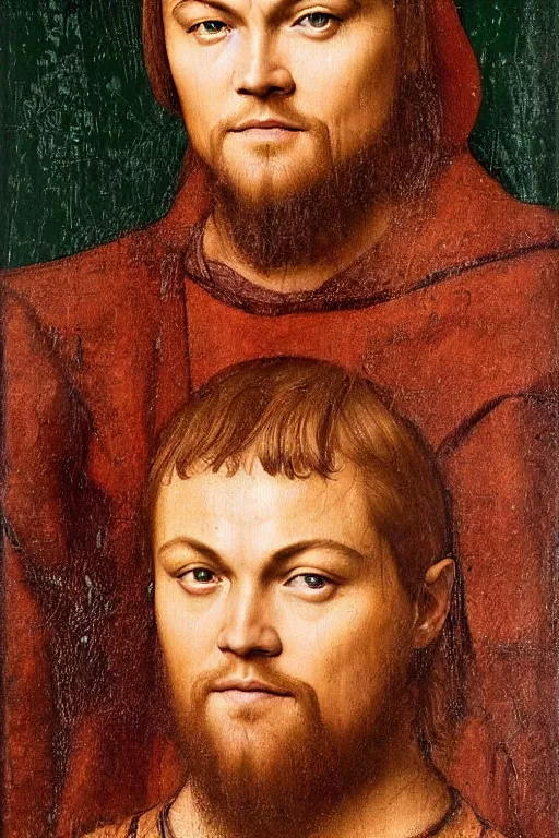 Image similar to 1 4 0 0 s renaissance portrait of leonardo dicaprio oil painting by jan van eyck, northern renaissance art, oil on canvas, wet - on - wet technique, realistic, expressive emotions, intricate textures, illusionistic detail