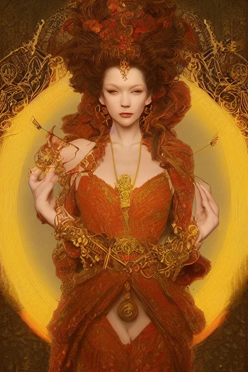 Image similar to tarot card artstation, portrait of a love dancer, sunrise, baroque ornamnet and rococo ornament, ancient chinese ornate, hyperdetailed, beautiful lighting, craig mullins, mucha, klimt, yoshitaka amano, red and gold and orange color palatte