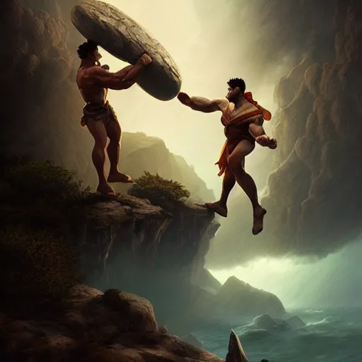 Prompt: Hercules clashing Perseus next to a cliff, artwork by Stefan Kopinski and Guillem H. Pongiluppi, photo realistic, atmospheric lighting, HDR, high detail