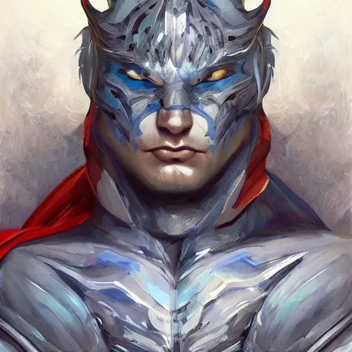 Image similar to a esthetic portrait commission of a muscular antrho albino tiger wearing the superman outfit,hyperdetailed face,character design by charlie bowater,ross tran,artgerm,makoto shibkai,photorealistic,western comic book art,film poster,deviantart,artstation