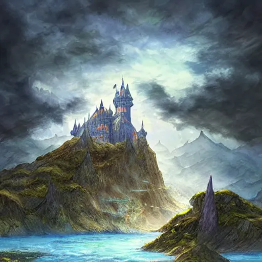 Image similar to a castle on a flying island, masterpiece, flying island in the sky, clouds background magic the gathering coloring style, epic fantasy style art, fantasy epic digital art, epic fantasy card game art