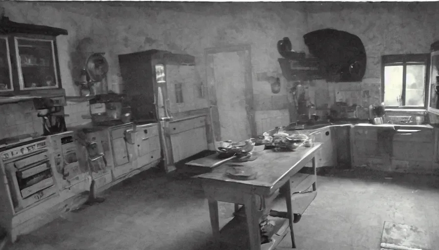 Prompt: a gigantic snake in a stalinist style kitchen, by mini dv camera, very very low quality, heavy grain, very blurry, accidental flash, webcam footage, found footage, security cam, caught on trail cam