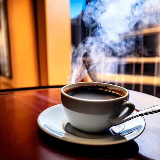 Image similar to realistic detailed photo of a steaming cup of coffee on a saucer with a flaky pastry on the side and a coffee spoon next to it on the table, hotel lobby in the background, hdr, volumetric lighting, dim light, diffuse light, depth of field