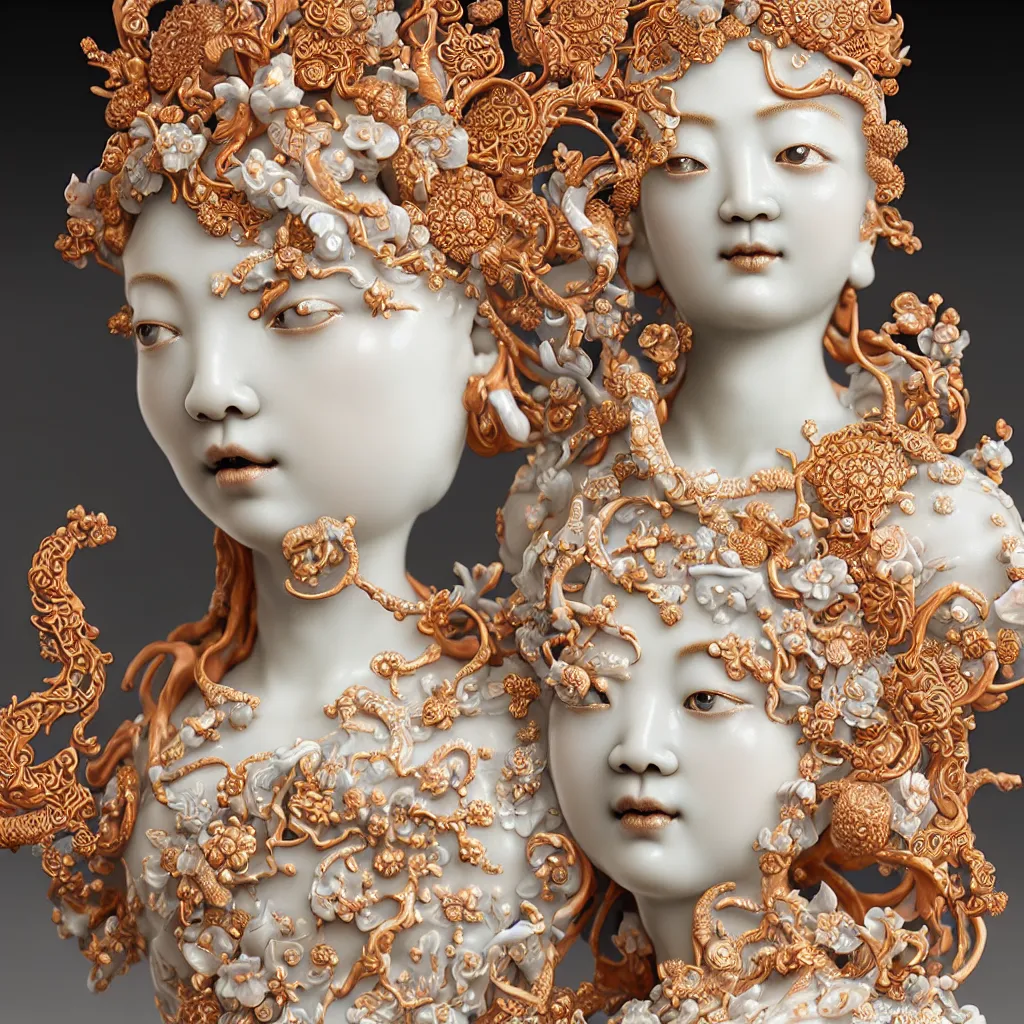 Image similar to The Goddess of Beauty, A Close up photo-real delicate ceramic porcelain sculpture of an ornate detailed in front of an intricate background by Victo Ngai and takato yamamoto, micro detail, backlit lighting, face in focus, subsurface scattering, translucent, thin porcelain, octane renderer, colorful, physically based rendering, japanese pottery, trending on cgsociety