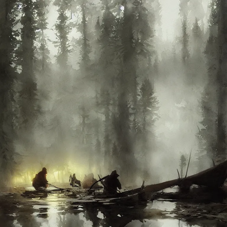 Image similar to watercolor painting of scandinavian bog, reflective, fog, ambient lighting, art by anders zorn, wonderful masterpiece by greg rutkowski, cinematic light, american romanticism by greg manchess, creation by tyler edlin