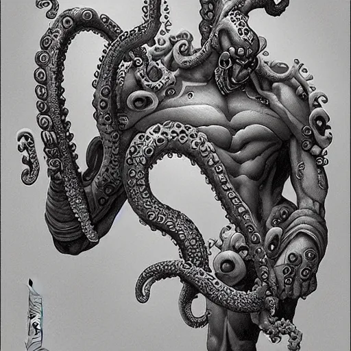 Image similar to torso portrait of a humanoid warrior with octopus head and tentacle arms, by Gerald Brom on Artstation