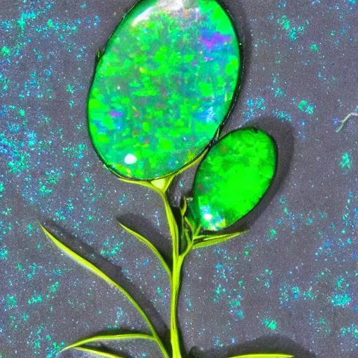 Prompt: a plant with iridescent opals growing from it