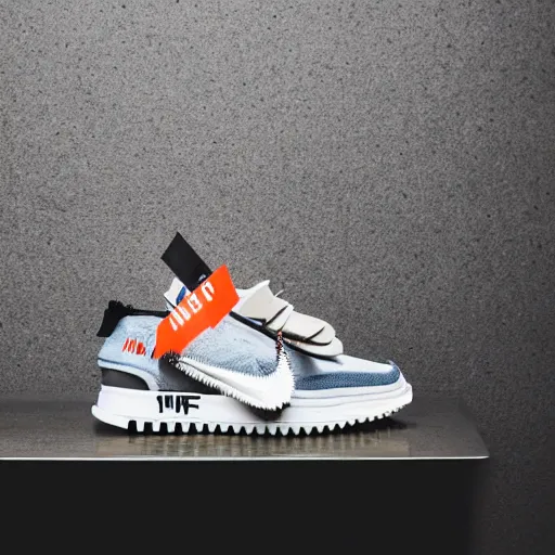 Prompt: a studio photoshoot of Nike Off-white running sneakers designed by Virgil Abloh, soft suede with knitted mesh material, rubber Waffle outsole, realistic, color film photography by Tlyer Mitchell, 35 mm, graflex