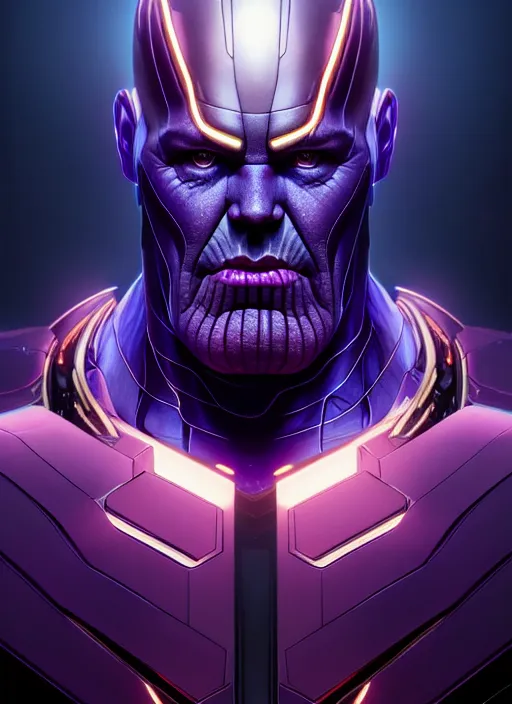 Prompt: portrait of thanos cyber humanoid, intricate, elegant, cyber neon lights, highly detailed, digital painting, artstation, glamor pose, concept art, smooth, sharp focus, illustration, art by artgerm and greg rutkowski