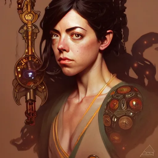 Image similar to cyber monk aubrey plaza, fantasy, d & d, intricate, detailed, by by alphonse mucha, adolfo hohenstein, alice russell glenny, stanley artgerm lau, greg rutkowski, detailed, trending on artstation, trending on artstation, smooth