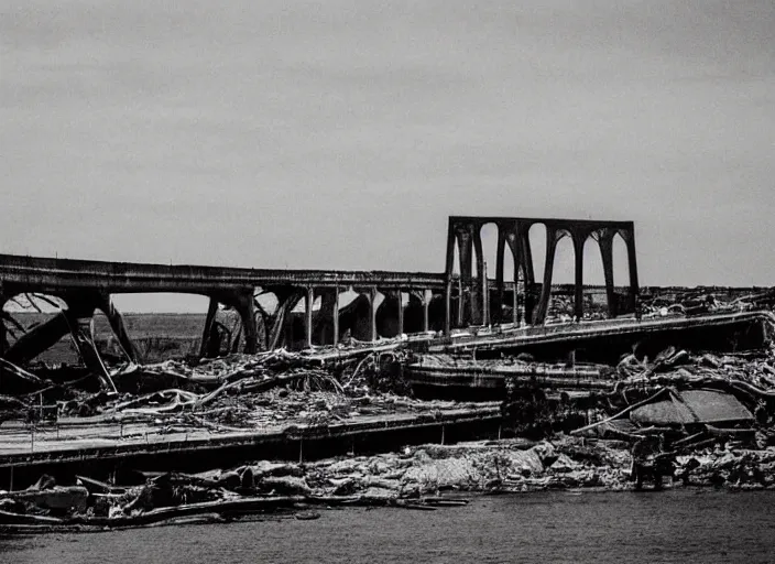 Prompt: grainy photo of the remains of an enormous destroyed freeway bridge on the new york coast after the apocalypse