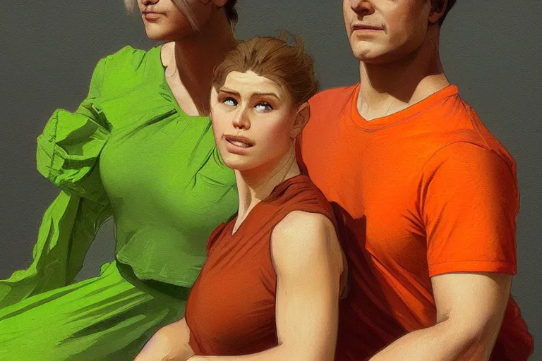 Image similar to portrait of a man in orange t - shirt wrestling with a girl in green dress, highly detailed, digital painting, artstation, concept art, smooth, sharp focus, illustration, art by artgerm and greg rutkowski and alphonse mucha