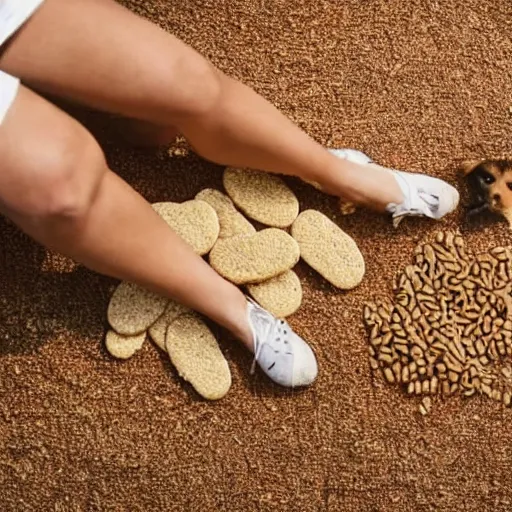 Prompt: dog with human legs eating wheat treats