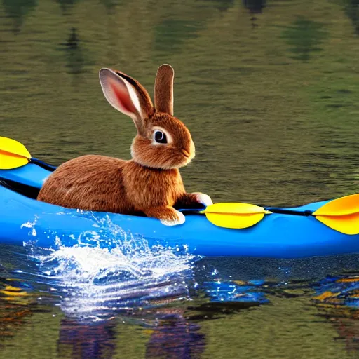 Image similar to a rabbit kayaking on a small river, photorealism 4k