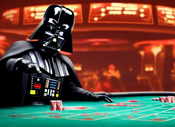 Image similar to film still of Darth Vader gambling in Vegas in the new Star Wars movie, 4k