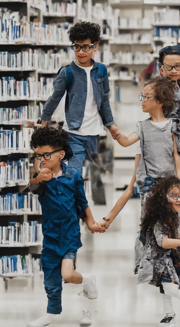 Prompt: a boy and girl with glasses holding hands in a modern high tech library