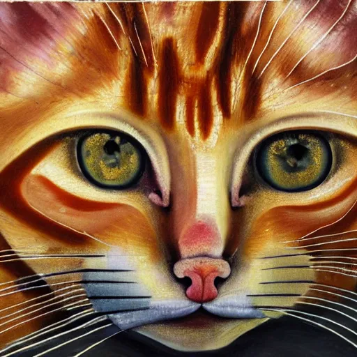 Prompt: close up of an orange tabby cat, front angle, by Lucian Freud and Jenny Saville and Anselm Kiefer, oil painting, rust, Scaffolding, rusted metal and sunflowers, iron cladding, decay, mixed media, textured, anatomically correct, beautiful perfect face, visible brushstrokes, sharp focus, Highly Detailed, Cinematic Lighting, 8k, HD