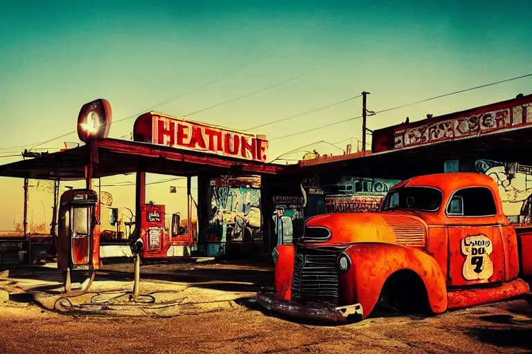 Image similar to a sunset light landscape with historical route 6 6, lots of sparkling details and sun ray ’ s, blinding backlight, smoke, volumetric lighting, colorful, octane, 3 5 mm, abandoned gas station, old rusty pickup - truck, beautiful epic colored reflections, very colorful heavenly, softlight