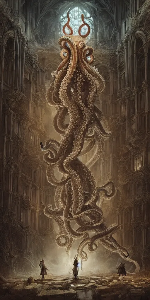 Image similar to group of mankind species mages with enormous translucent octopus heads floating around inside an ancient mage castle hall colossal scale, gothic and baroque, brutalist architecture, ultradetailed, intricate details by Ellen Jewett and Ayami Kojima