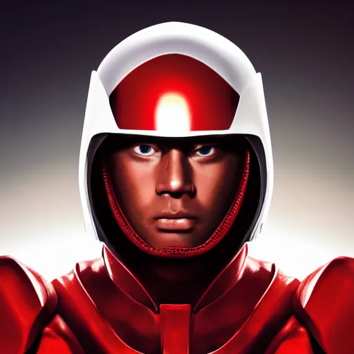 Image similar to headshot of a tall athletic muscular infantry man in glossy sleek white armor with tiny red details and a long red cape, heroic posture, strong jawline, on the surface of mars, night time, dramatic lighting, cinematic, sci-fi, hyperrealistic